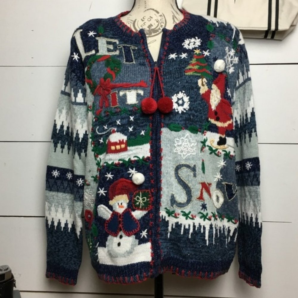 VTG Ugly Christmas Sweater Cardigan Tiara international Women's Full Zip Up